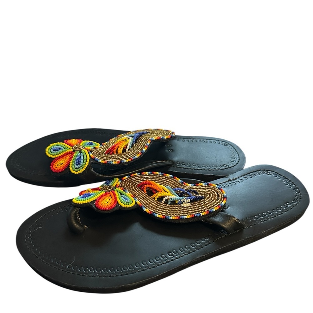 NWOT African Leather Masai Handbead Beach Boho Sandals Size 8.5 - Picture 3 of 6